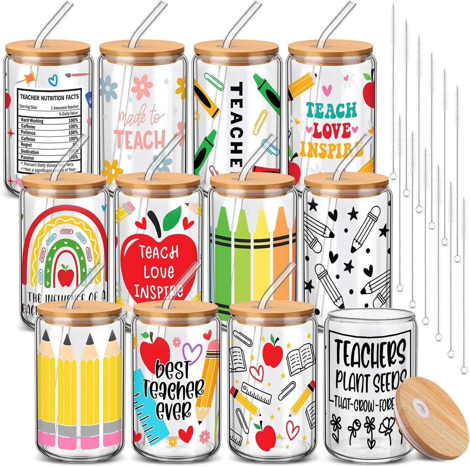 12 Sets de Regalos de Agradecimiento para Maestros: Vaso de Vidrio con Tapa y Pajita de 16 oz, Diseño de Manzana, Crayón y Lápiz, para Café Helado, con Mensaje de Agradecimiento