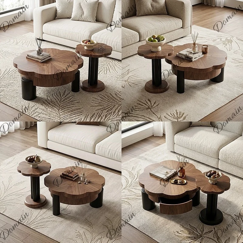 Vintage Wabi Sabi Floral Oval Coffee Table Set, Retro Designer Mosaic Pattern Nesting Tables