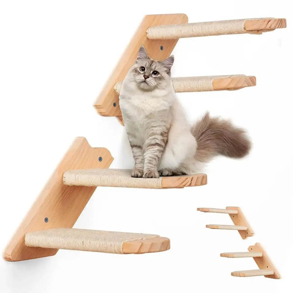 Wooden Cat Climbing Ladder Wall Mounted Multi-layer Cat Climbing Frame Rope Wooden Board Staircase Cat Toy Supplies