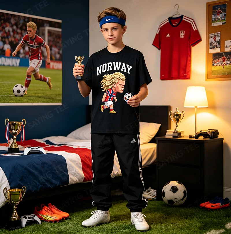 Lustiges Norwegen Ro Norwegian T-Shirt für Männer, Frauen, Jungen, Y2k, niedliches Cartoon Haaland 9 Grafik-Fußball-T-Shirt, modische Fußballbekleidung, Geschenk – Detail 4