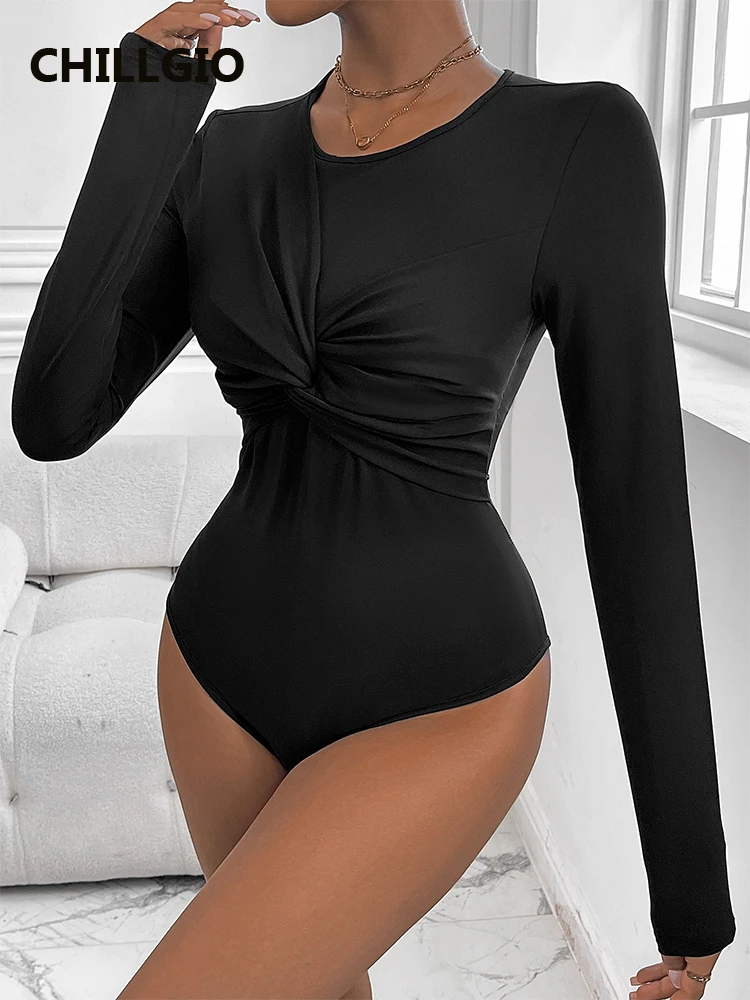 

CHILLGIO Women Autumn Satin Romper Temperament Fasion Skinny Bodysuit Black Jumpsuits Tops Slim Long Sleeve Twist Design Catsuit