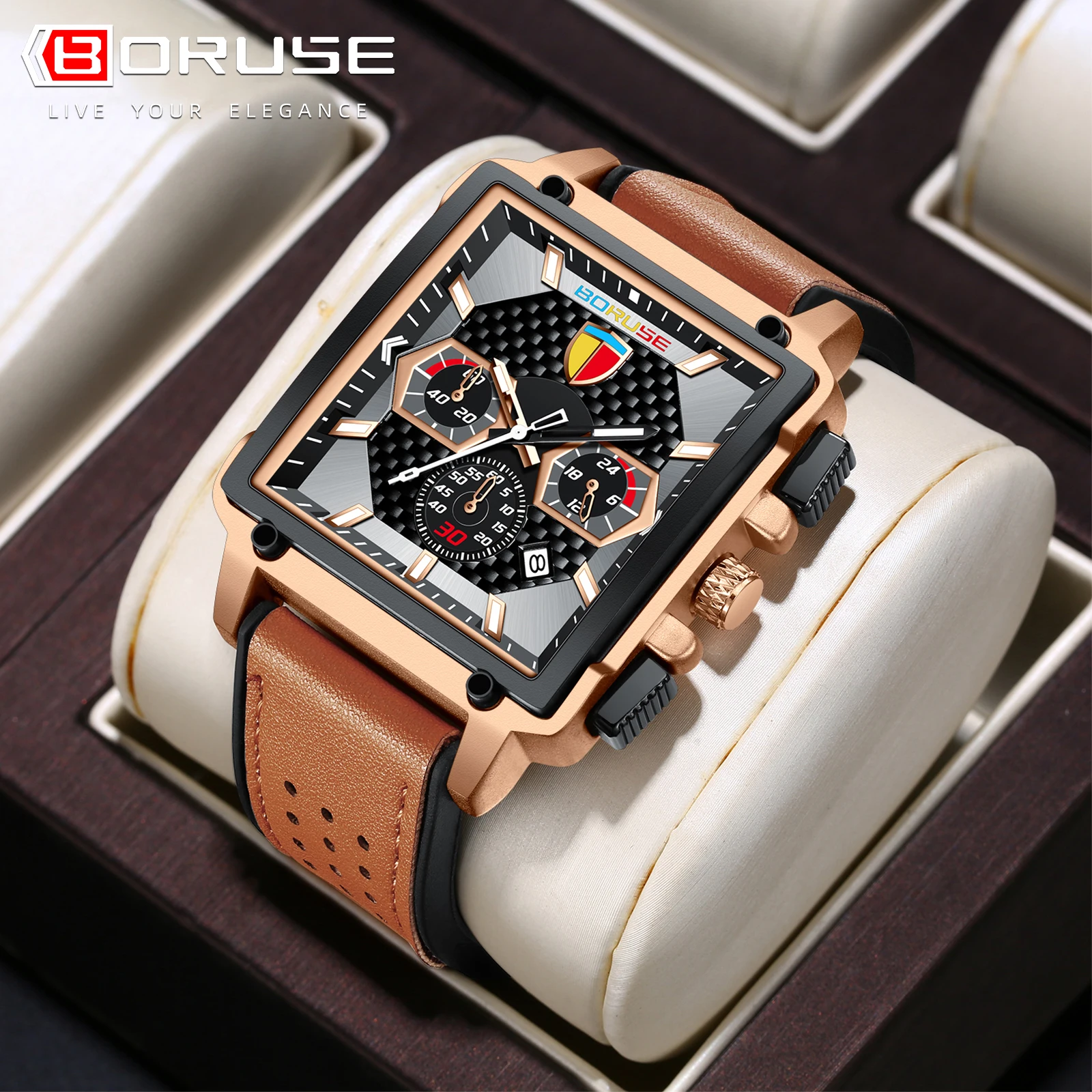 BORUSE Brand Watches for Man Male Brown Leather Fashion Business Watches Design Square Casual Vintage With Gift box