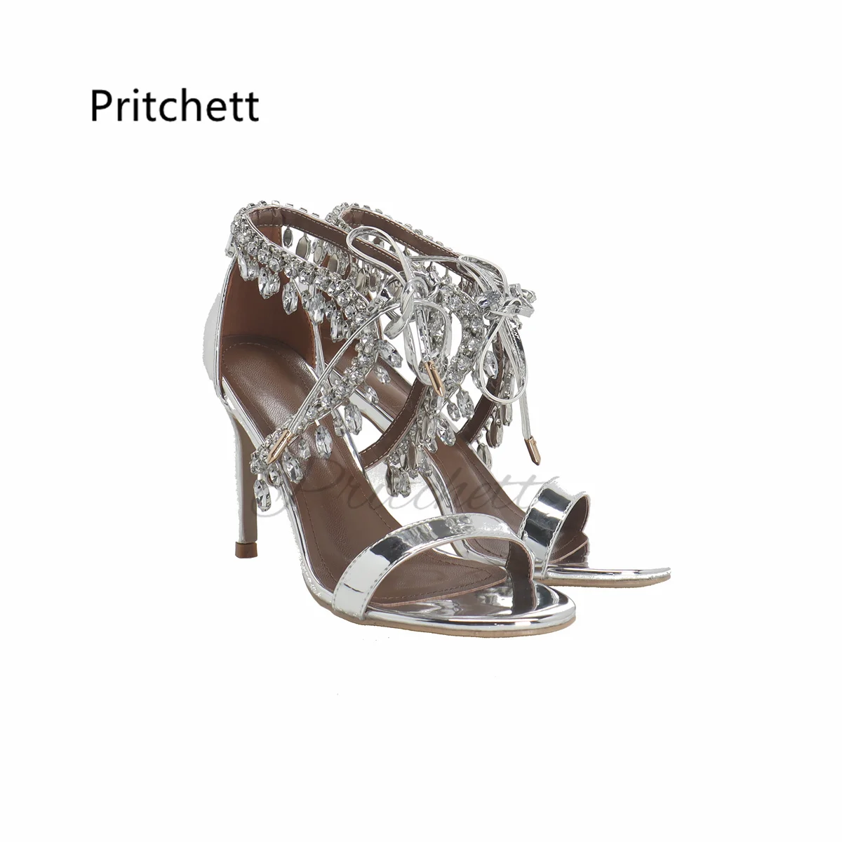 

Silver Rhinestone Chains Sandals Open Toe Wedding Shoes Women Lace Up Luxury High Heels Crystal Pendant Summer Party Shoe