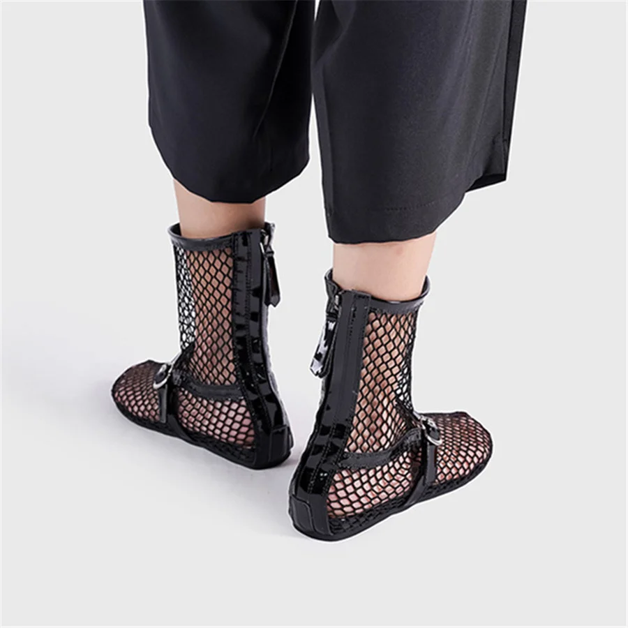 Runway Women Summer Boots Hollow Out Mesh Gladiator Sandals Ladies Flat Shoes Strap Ankle Botas Mujer Black Short Booties