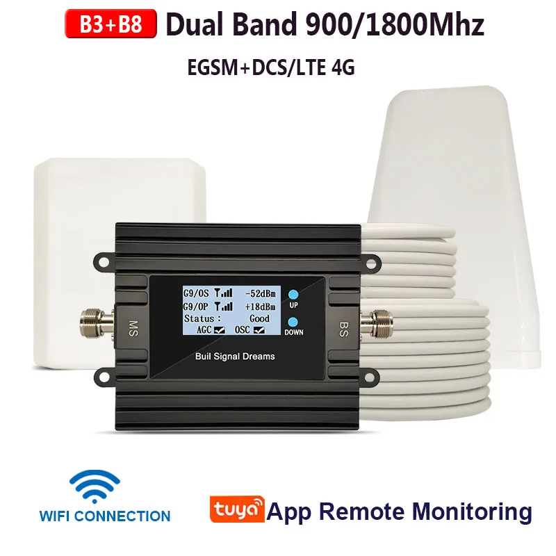 Dual Band Signal Booster 900/1800Mhz,, Improve Voice and 4G 5G Data, EGSM Amplifier, Signal Antenna Full Kit, Smart Tuya App