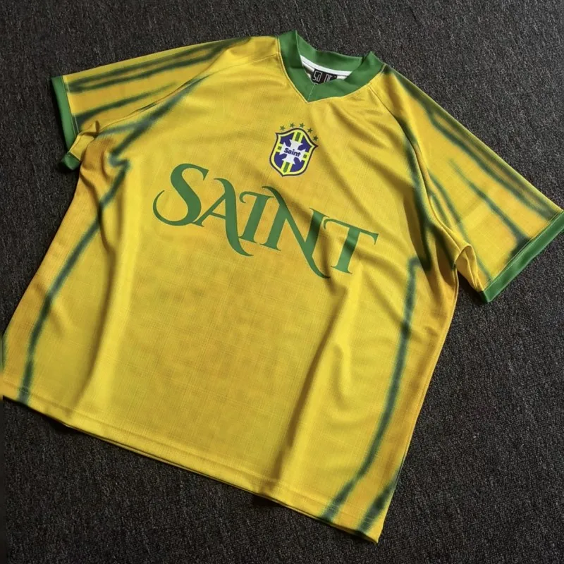 Summer Yellow Mesh V-neck NO.9 Jersey Saint Tshirts Green Pattern Letter Print Short Sleeve Men Women Casual Quick-dry Top Tees