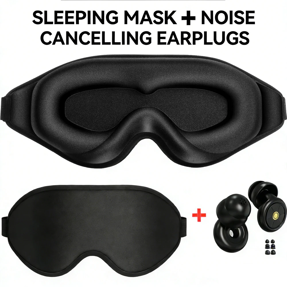 3D Sleep Eye Mask for Sleeping - Insomnia Relief, Light Blocking -  Eye Cover - Adjustable Strap ,With Noise Cancelling Earplugs