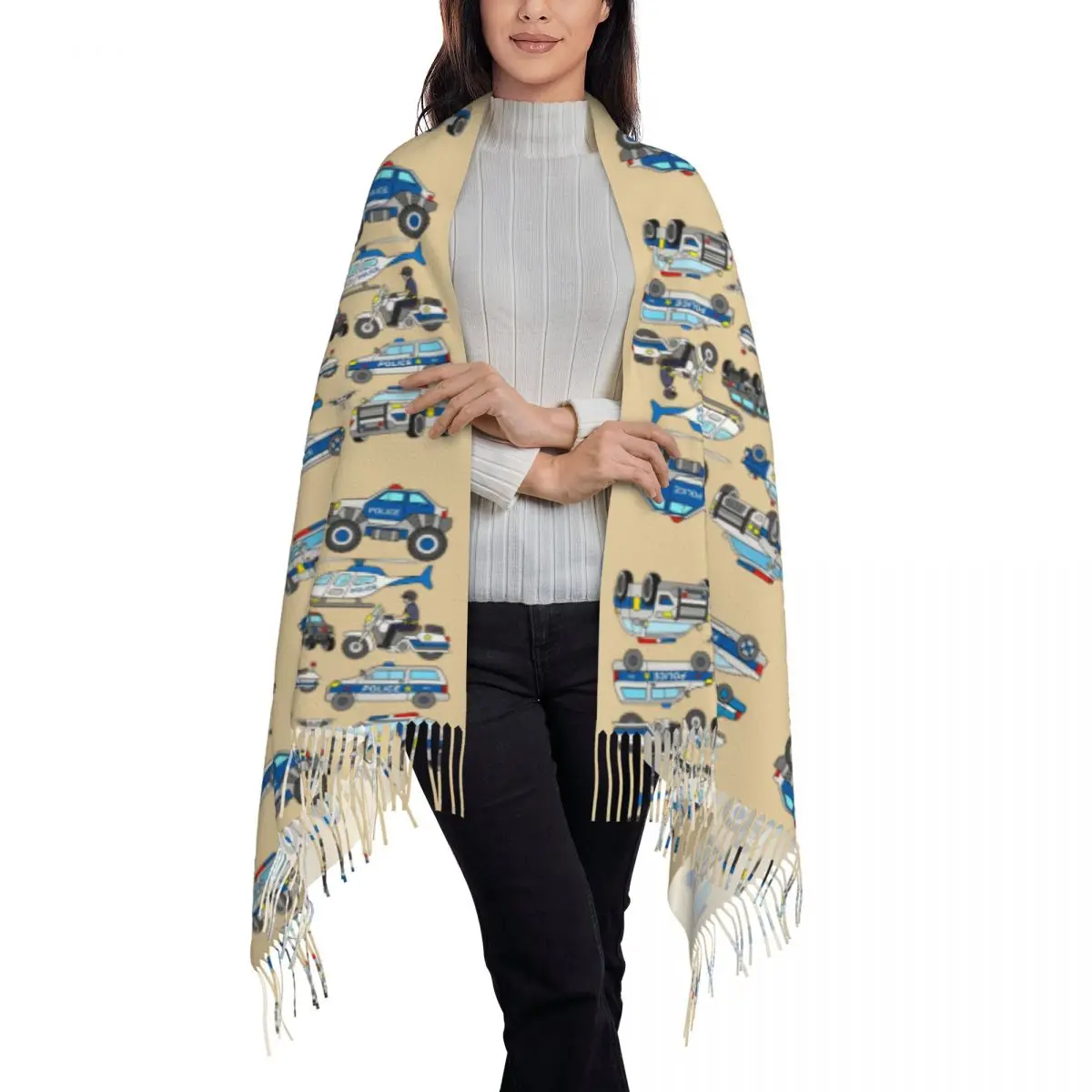 Police Car Design Scarf Tassel Scarves Women Soft Warm Shawls and Wraps Large Fall Winter Shawl Wrap