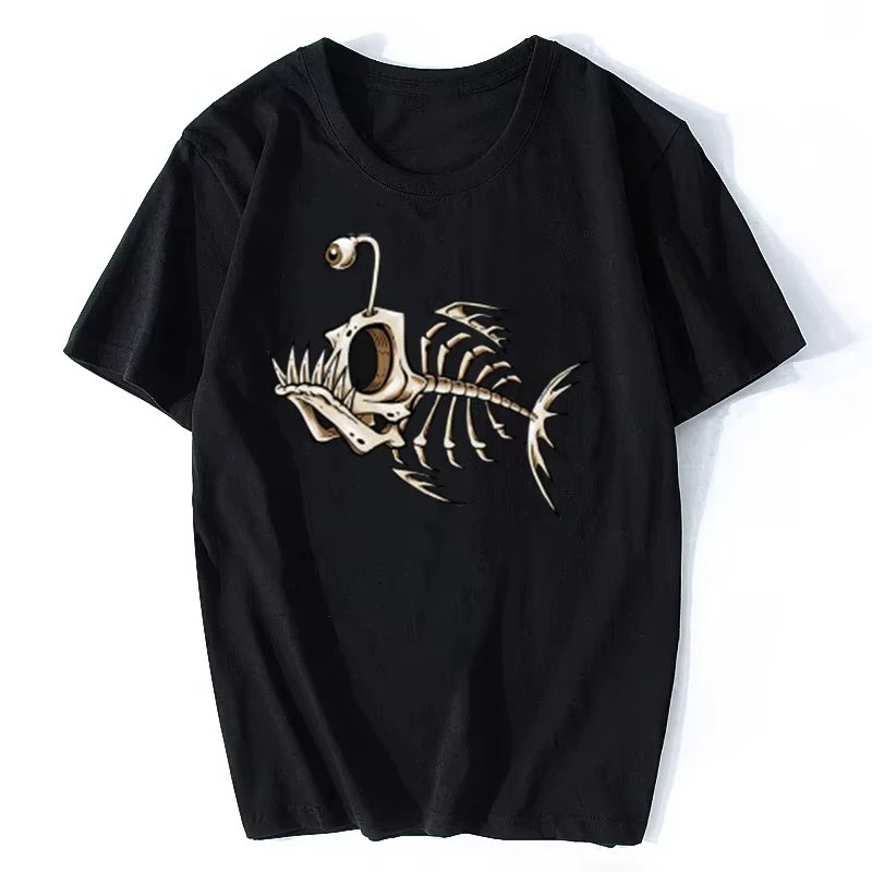Spooky Anglerfish Skeleton T-Shirt | Deep Sea Creature Graphic Tee, Vintage Fisherman Retro Oversize Shirt for Men