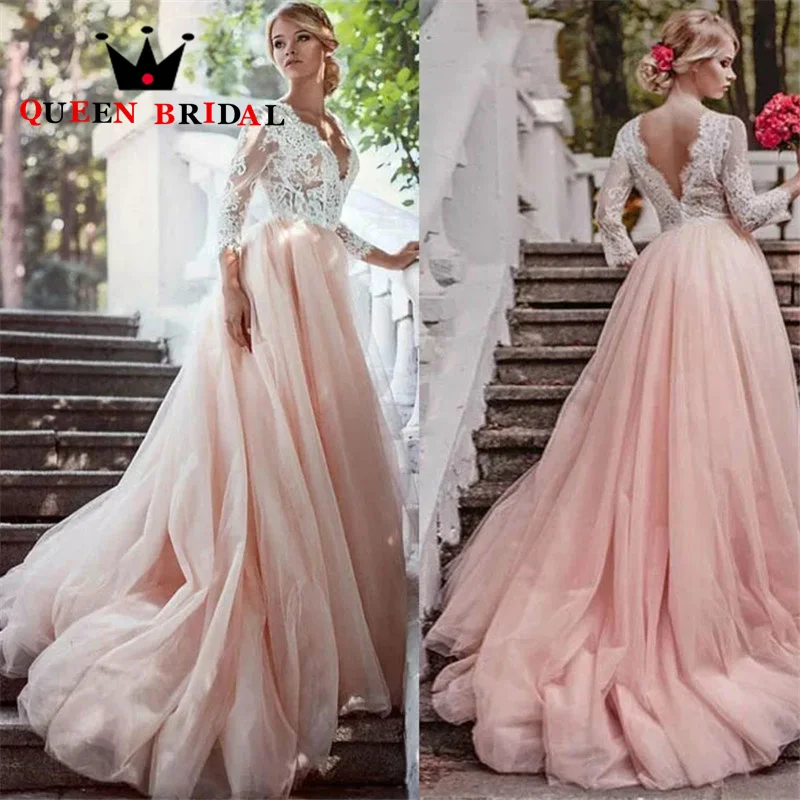 Abiti da sposa eleganti a maniche lunghe con scollo a V applicazioni in pizzo senza schienale lunghezza pavimento abito da sposa abiti da sposa personalizzati S71X