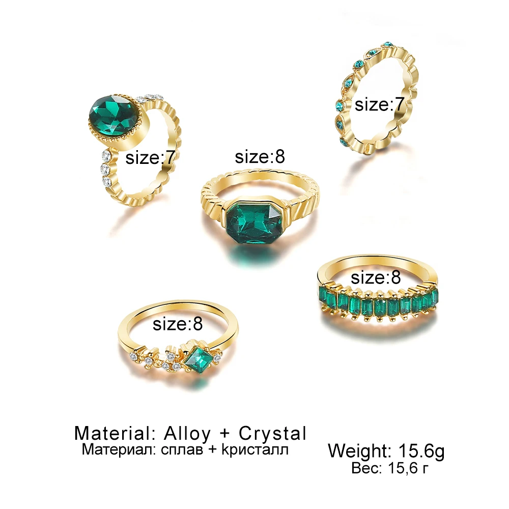 KISSWIFE 5Pcs/Set Vintage Green Gem Rings Set For Women Girls Gold Color Metal Zircon Finger Rings Elegant Female Jewelry 2022