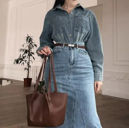 Autumn New Women's Elegant Denim Skirt Set Long-Sleeve Top and Floor-Length Skirt Slimming Splicing Maxi Skirt  ﻿