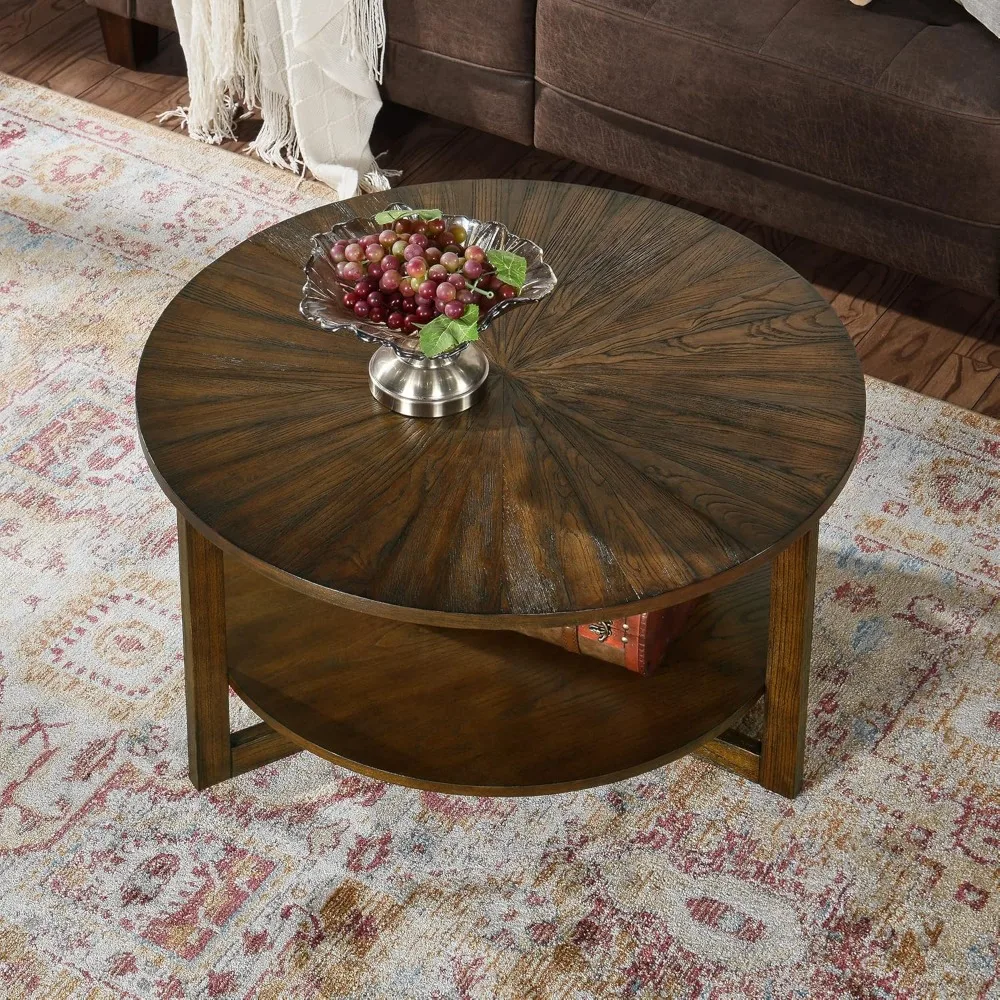 

33.5” Round Coffee Table with Storage Shelf, Solid Wood Living Room Table with Umbrella Shaped Top, Farmhouse Center Cocktail