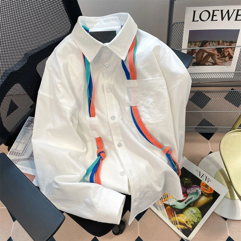 

Summer Colorful Streamers Long Sleeve Men Blouse Business Fashion Vintage Casual Personality Oversized Clothes Office Work White