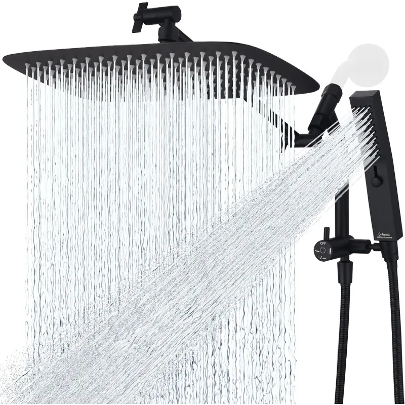 All Metal 14 Inch Shower Head with Massage Mode Handheld,  3-Way Diverter with Pause Setting, 12 Inch Adjustable(Matte Black)