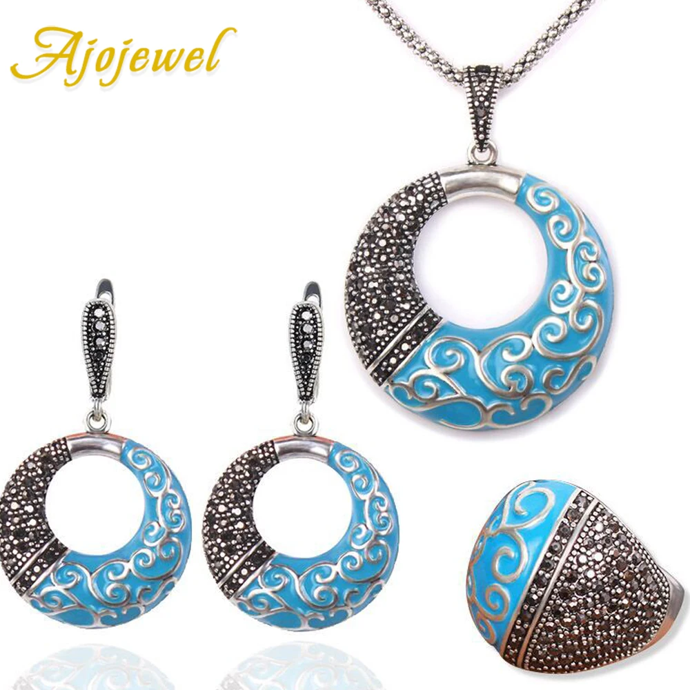 Ajojewel, anillo de nube auspiciosa esmaltado en negro y azul, collares redondos de diamantes de imitación y pendientes, conjunto de joyería para mujer, regalos de lujo 2024