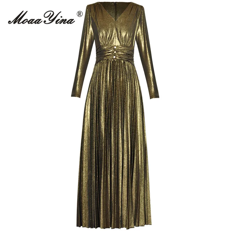 MoaaYina Spring Fashion Designer Golden Vintage Pleated Dress Women V Neck Long SLeeve Button Ruched High Waist Slim Long Dress