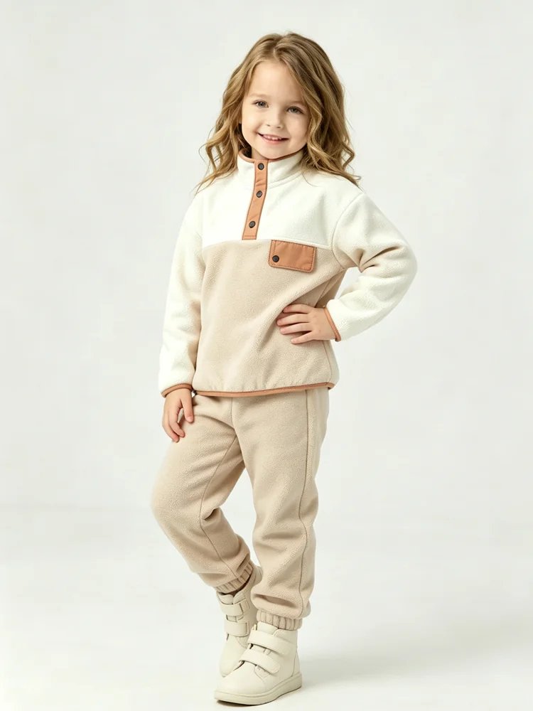 Autumn Kids Clothing Set Toddler Boys Girls Soft Polar Fleece 2Pcs Outfit Stand Collar Color Block Pullover Jogger Pants