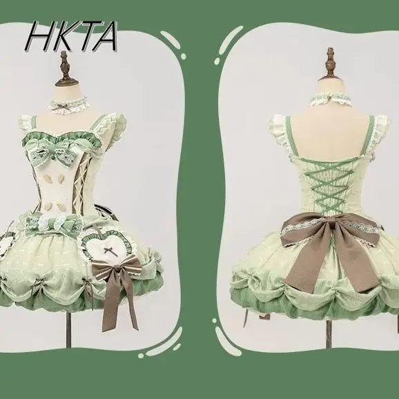 Lolita Kant Boog Taille Groene Jarretel Jurken JSK Vrouwelijke Zoete en Leuke Zomer Slim Fit Vliegende Mouwen Korte Bud Jurken Vrouwen