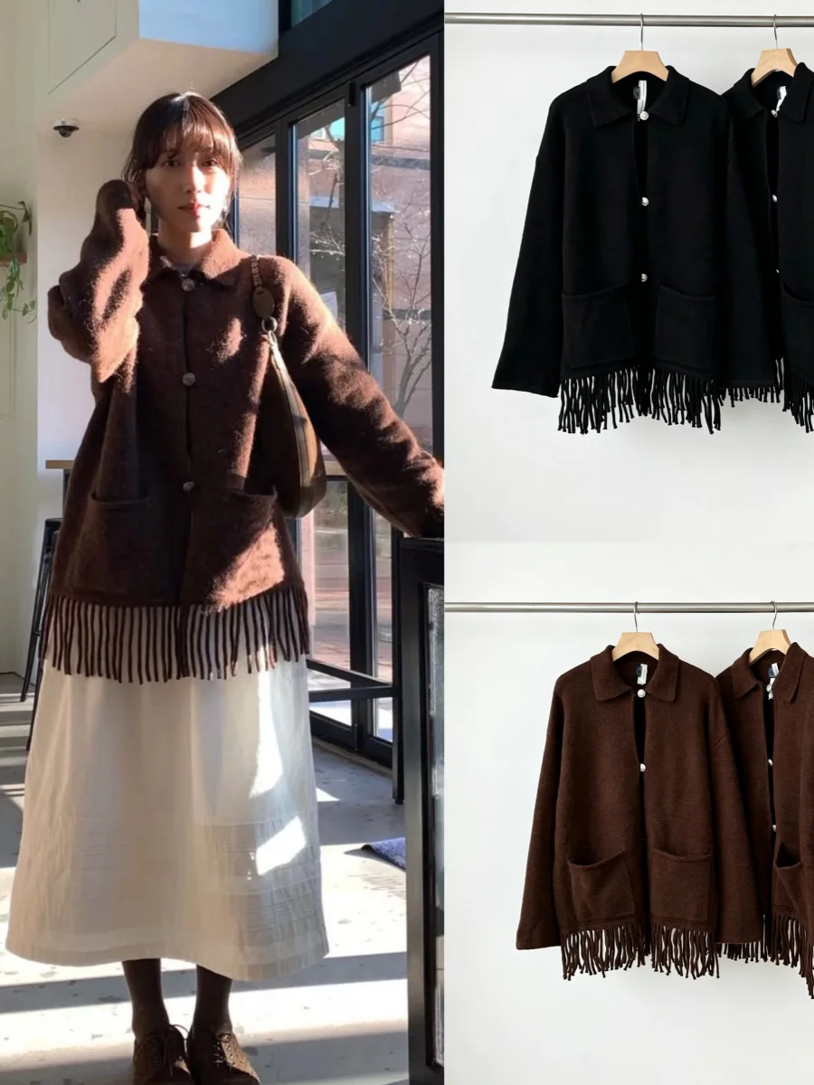 Urbanic30 Fringed Knitted Open Cardigan Single Button Turn-down Collar Regular Thickness Women's Autumn Fashion 2026