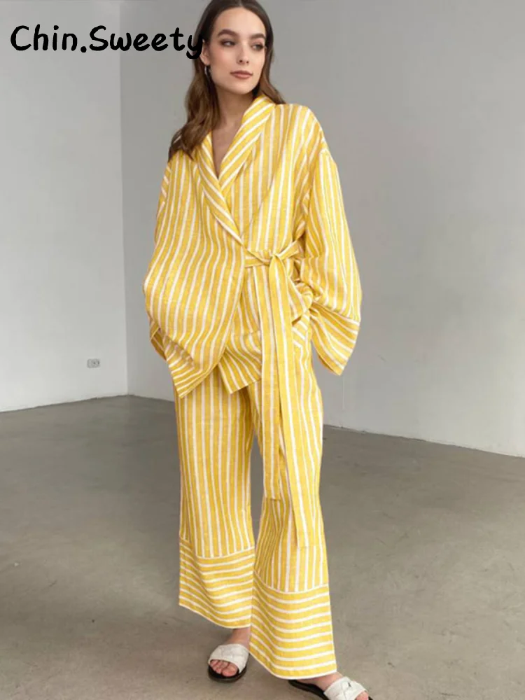 

Fashion Striped Lace Up Trousers Sets Women Loose V-neck Full Sleeve Shirts High Waist Wide Leg Pants 2025 Summer Lady Chic Suit