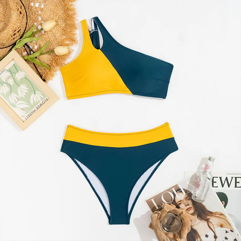 2025 Asymmetric One-Shoulder Bikini Set Sexy Cutout Design High Waist Bottom Women's Trendy Swimwear Summer Holiday Two Pieces
