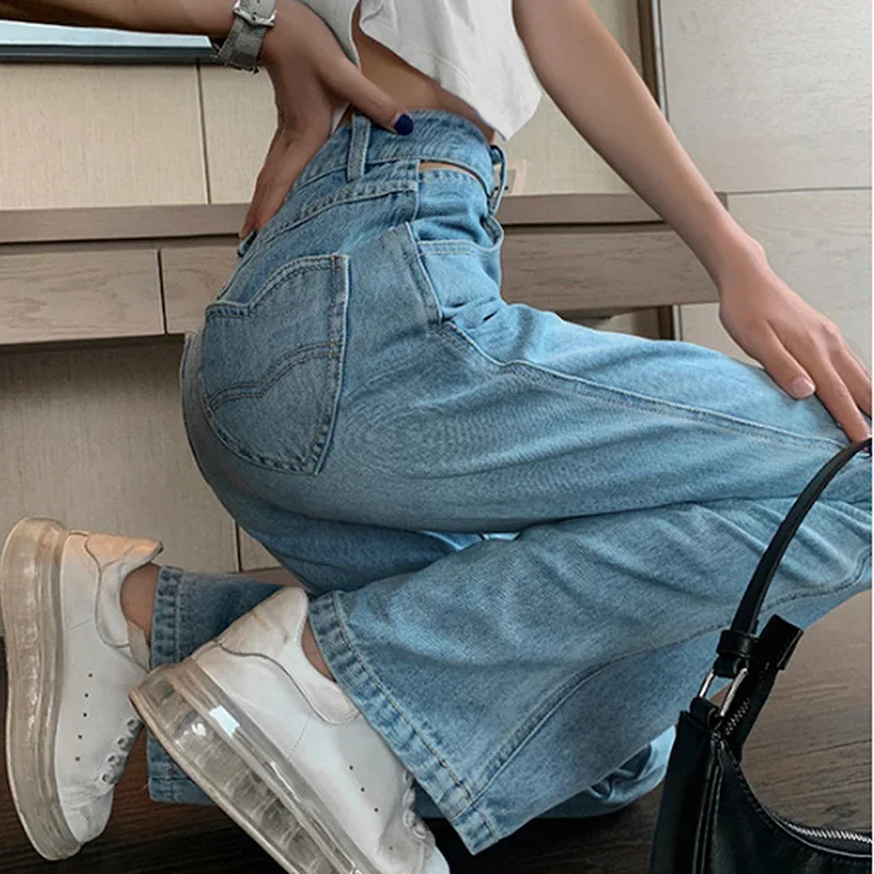 Fashion Light Blue Love Pocket Loose Casual Straight Light Thin Hole Denim Trousers Female Summer New Y2k Baggy Wide Leg Jeans