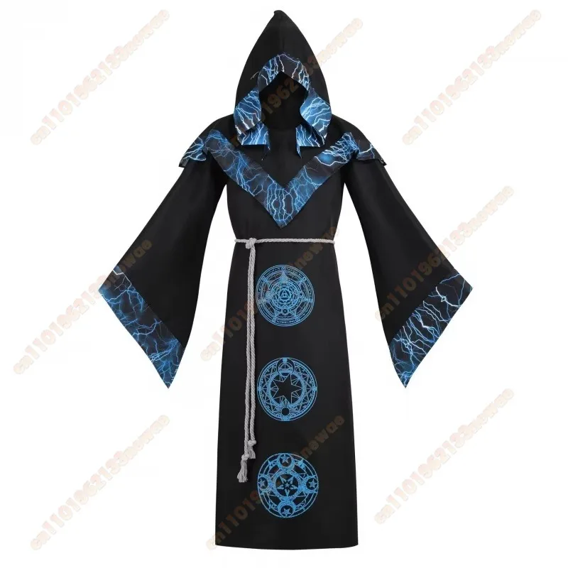 남자 중세 후드 망토 골드 인쇄 이교도 마법사 마녀 마법사 코스프레 의상 할로윈 카니발 파티 고딕 가운 의상