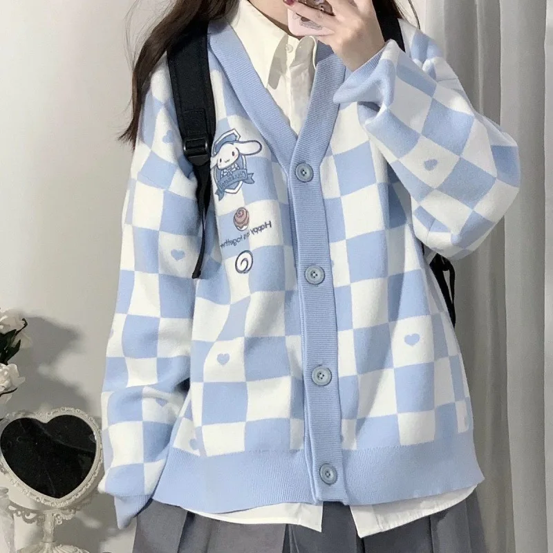 Sanrio Kawaii Kuromi MyMelody Cinnamoroll Purin Anime Embroidery Knitted Sweater Checkerboard Sweet Girls College Style Cardigan