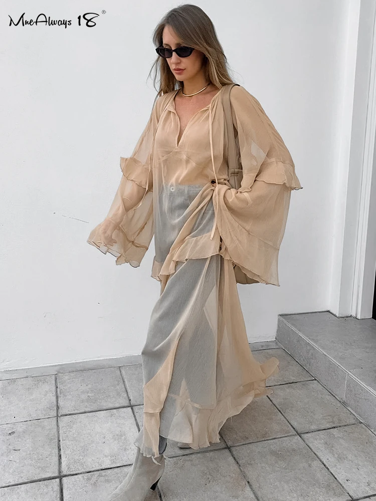 Mnealways18 Frill Batwing Sleeve Khaki Perspective Dresses Fashion 2024 Sexy V-Neck Lace-Up A-Line Dress Overlap Flowing Dress