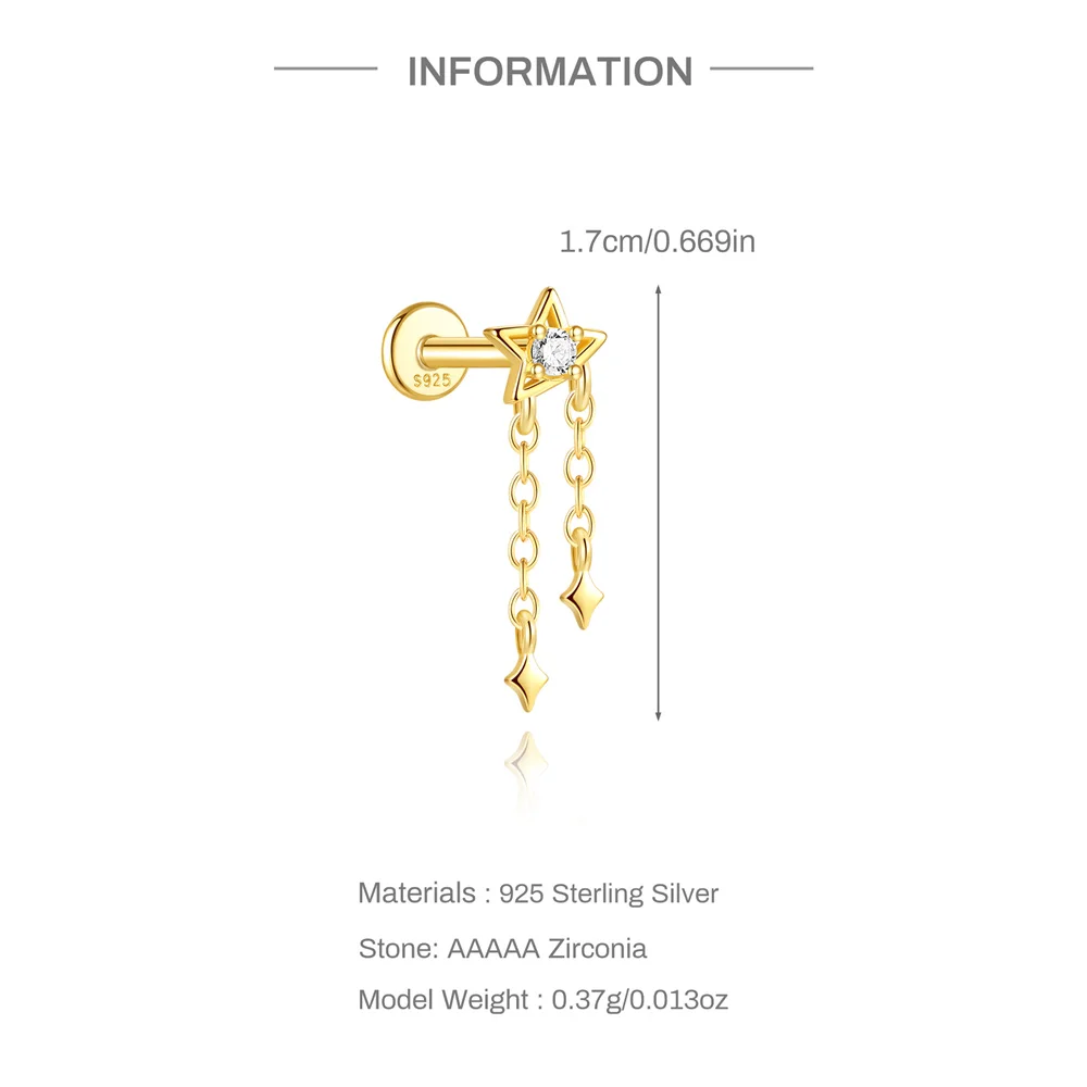 AIDE 925 Sterling Silber Kite Stone Zirkon Flachkopf-Innengewinde-Piercing für Damen, Sternkette, Quasten-Accessoires, Schmuck