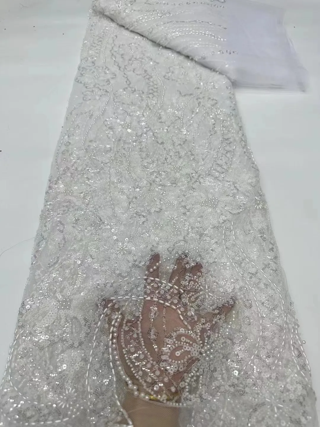 Latest Best Quality Soft Pure white Elegant Tulle Lace With Lots Stones Fabric for Bride Wedding Party Dress NN6588_S