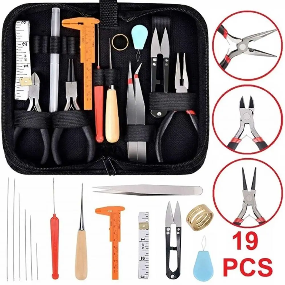 19Pcs Handmade Accessories Black Bag DIY Craft Jewelry Making Kit Pliers Supplies Jewelry Repair Tools Set Jewelry Findings