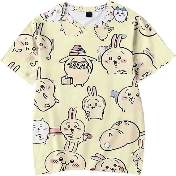 2027 Chiikawa Usagi Hachiware Cute Stacked Characters Print T‑Shirt  Color Short‑sleeve Tee Casual Unisex  Tops Family Matching