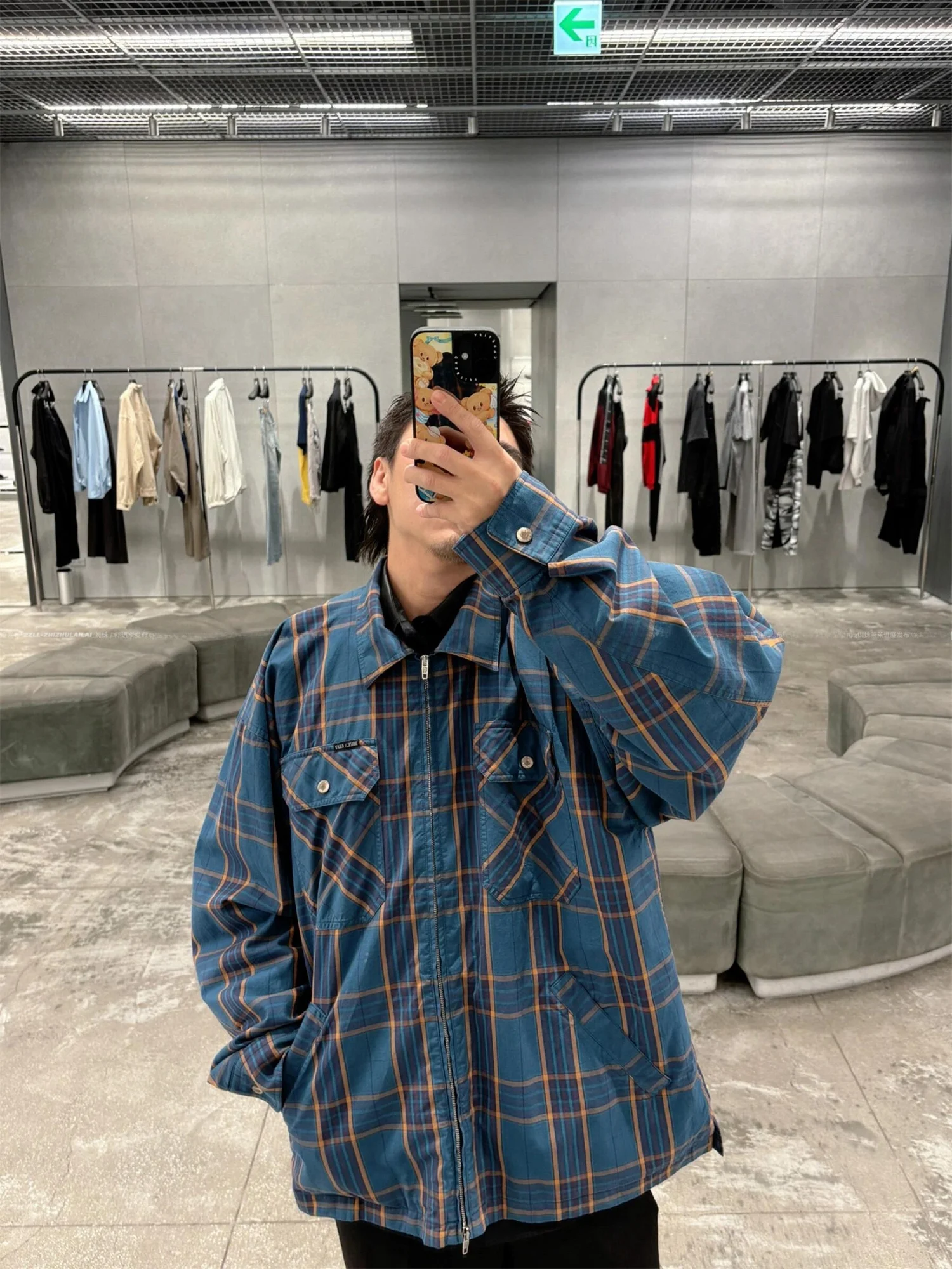 

VANA ILUSION Двухслойная рубашка с вышивкой и клетчатым узором на молнии, унисекс, для пар, модная, синяя, из хлопка, с длинным рукавом