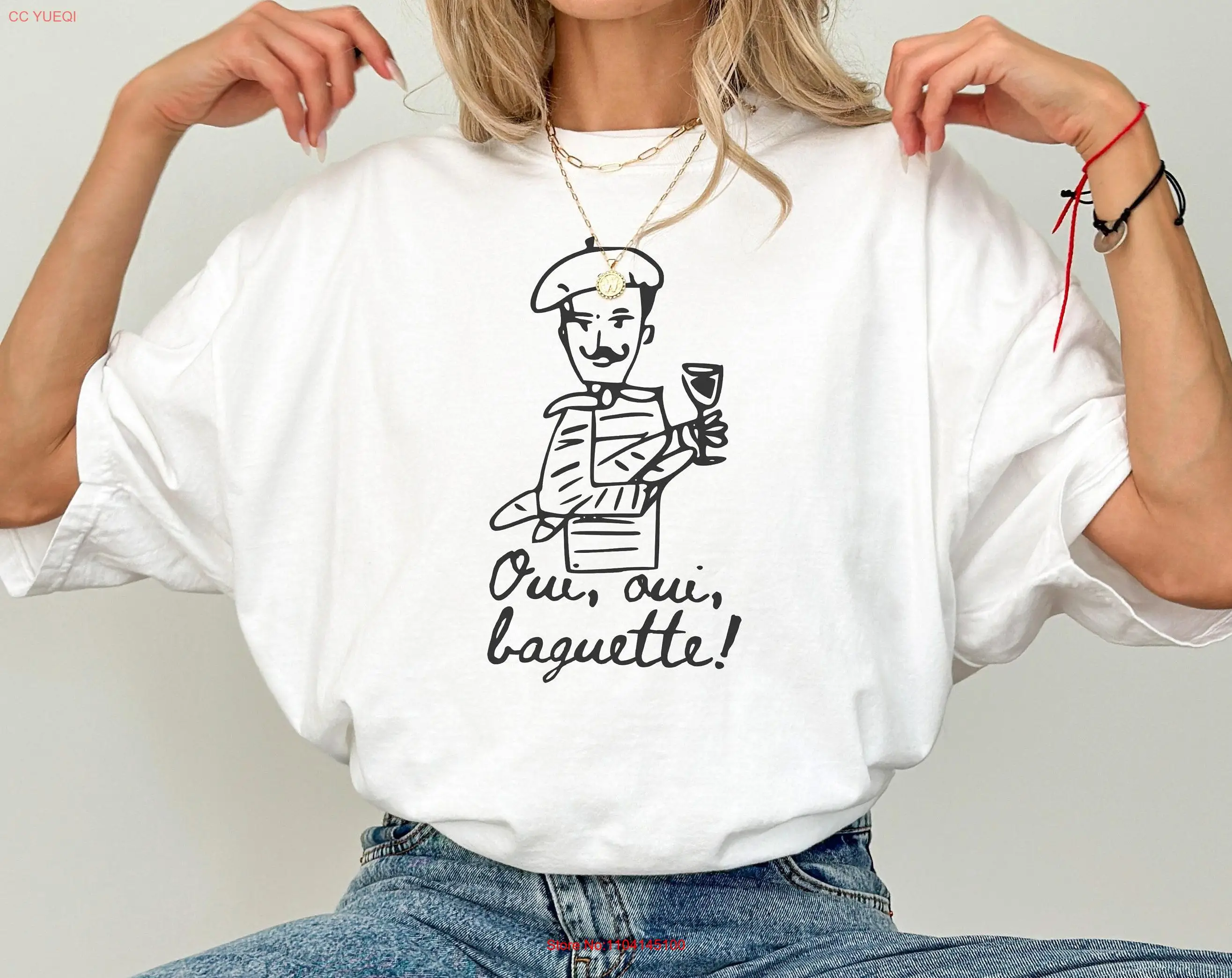 تي شيرت Oui Baguette عصري بألوان مريحة Artsy مضحك فرنسي حديدي لمحبي النبيذ بأكمام طويلة أو قصيرة
