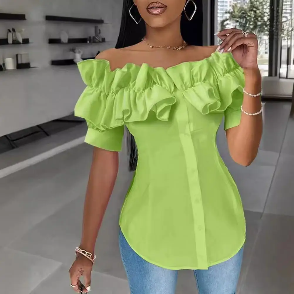 

Breathable Women Top Off Shoulder Blouse Elegant Off Shoulder Ruffle Shirt for Women Stylish Single Breasted Blouse with Slim