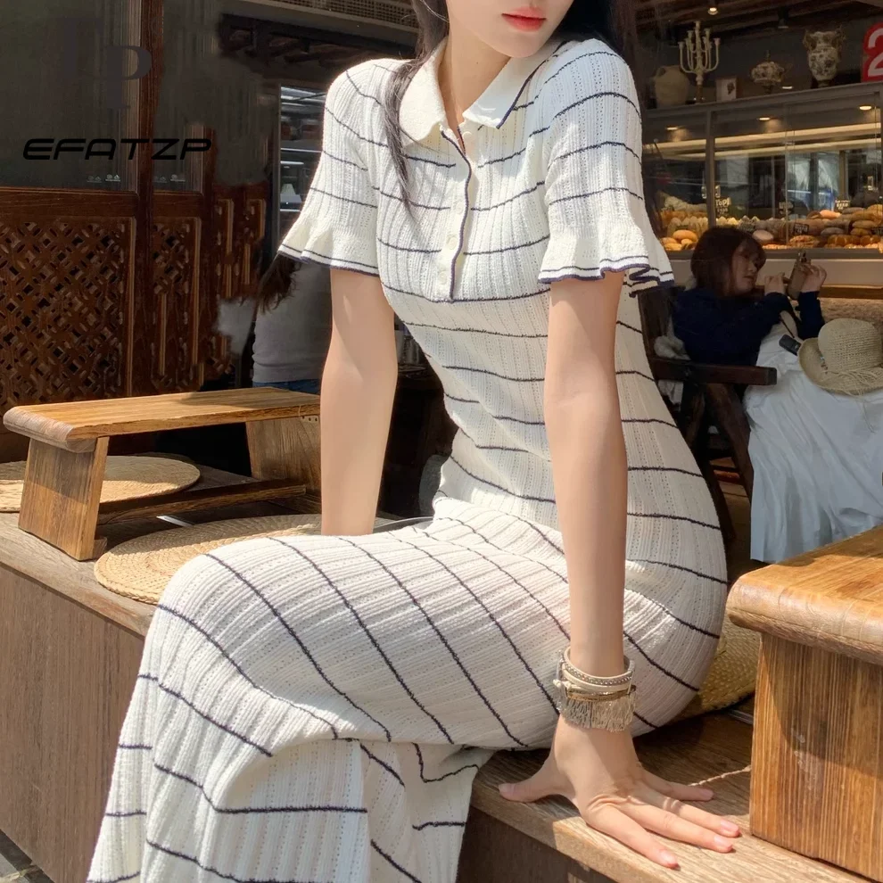 

Striped Knitted Short-sleeved Dress Women 2025 New Fashion Elegant Turn-Down Collar Slim Flared Sleeve Dresses 5250053