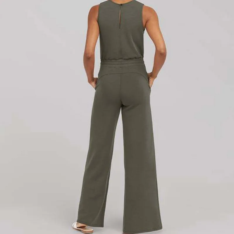 Summer Sleevevelss Skinny Drawstring Outfits Show Style Knitted Overall Fashion High Waisted Pockets Solid Women's Jumpsuit