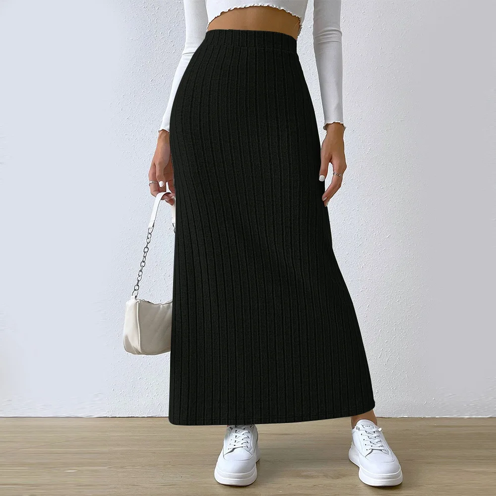 

Solid Color Long Skirt Striped High Waist Knitted Maxi Skirt for Women Warm Slim Fit Ankle Length Sheath Skirt with Split Hem