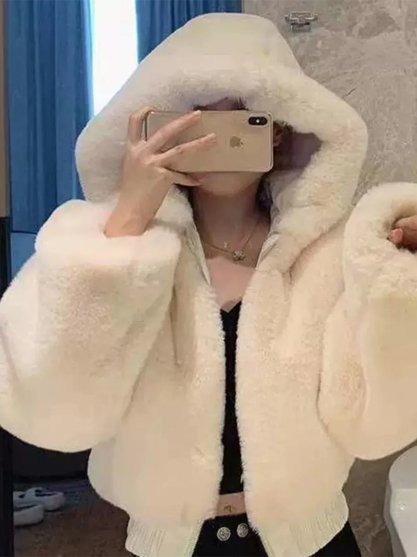 Korean Style Short Fluffy Rabbit Fur Jacket Women's Autumn Winter Warm Polyester Lined Hooded Cotton Insert Top Coat