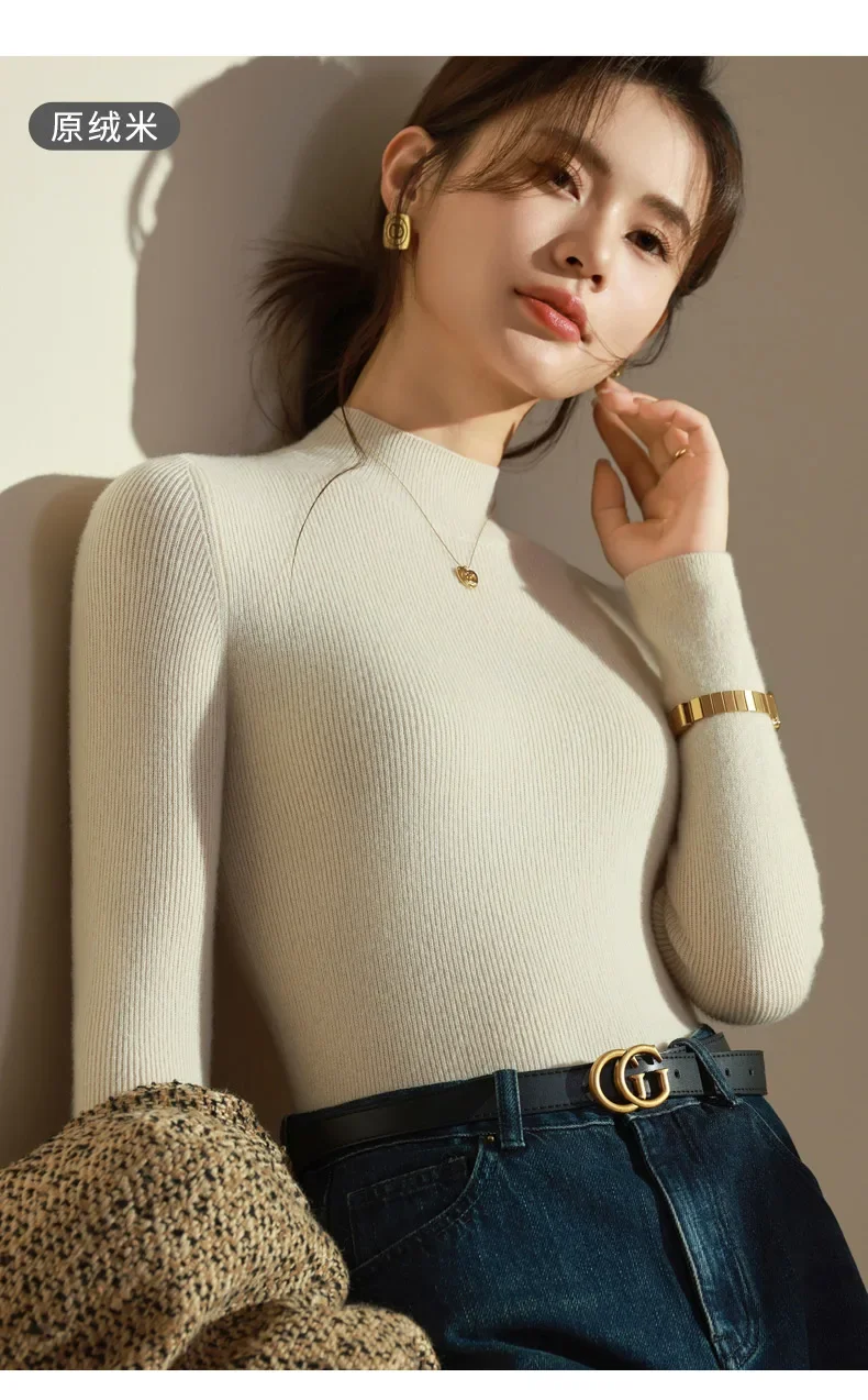 ผู้หญิง SLIM FIT CASHMERE เสื้อกันหนาวคอสูงสีดํา Bottoming เสื้อสําหรับฤดูใบไม้ร่วงฤดูหนาวเสื้อแจ็คเก็ตแฟชั่น