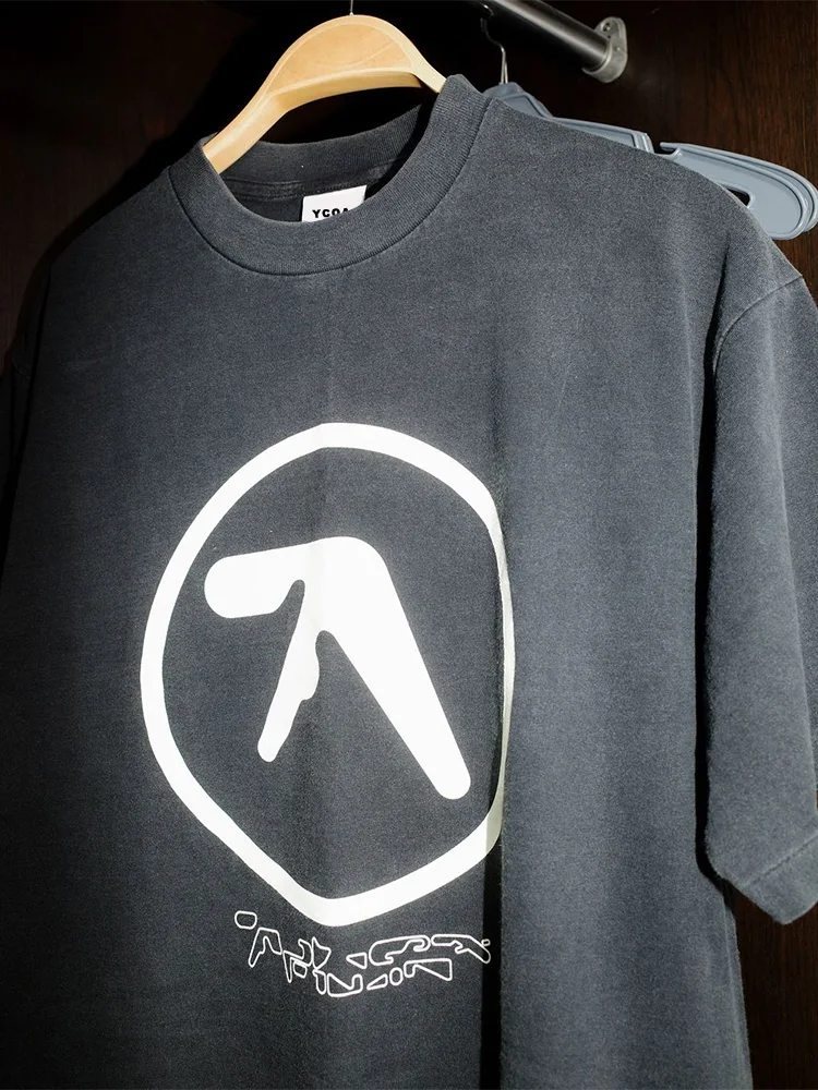 Men T-Shirt Aphex Twin Washed Black Print Cotton Graphic Oversized Korean Fashion Short Sleeve Tops Tees Y2k Streetwear Clothing