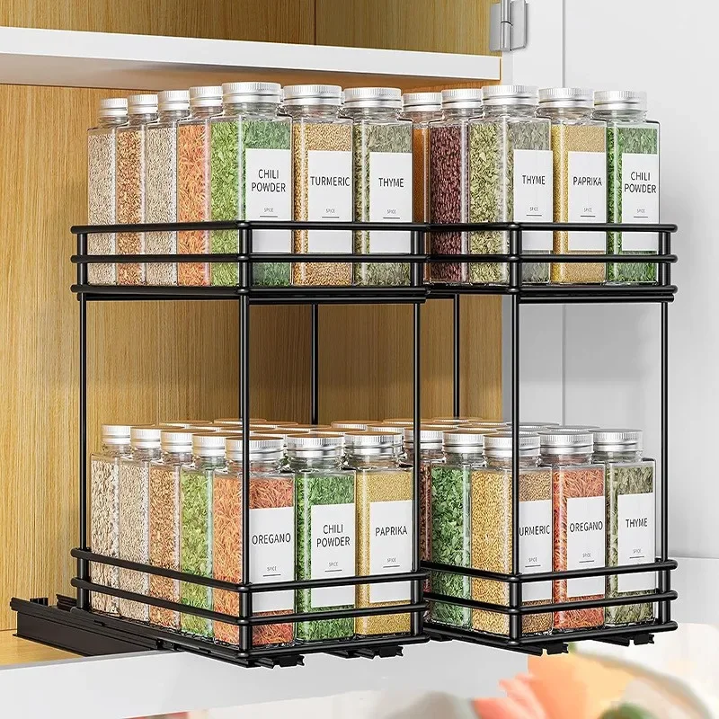 

2 Sliding Spice Rack 2Tier Pull Out Cabinet Basket Organizer Drawer Multi-Purpose Storage Shelf For Bathroom Kitchen