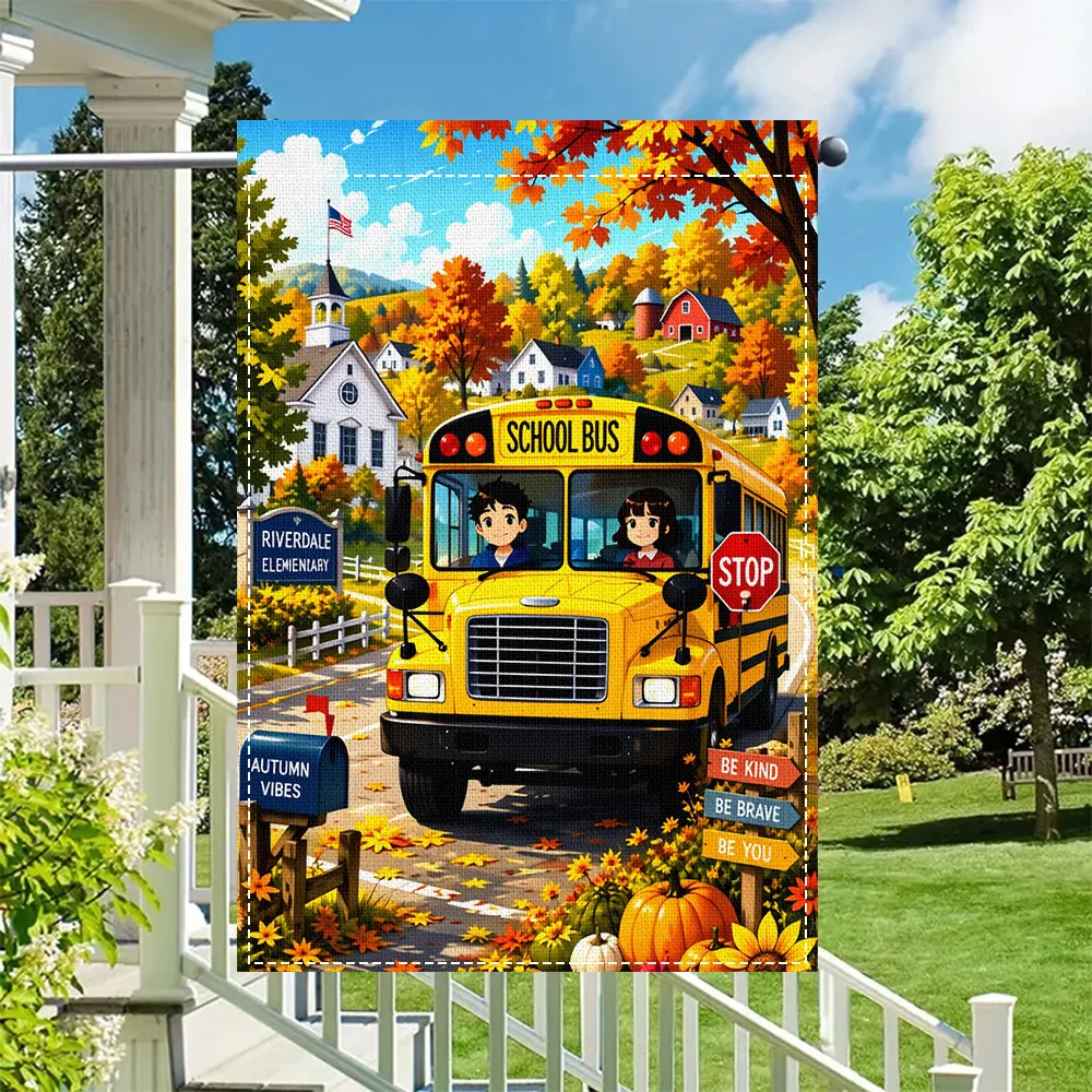 1PC Fall School Bus Garden Flag, Duplex Print, Perfect for Fall Patio and Outdoor Holiday Decorations (Pole Not Included)