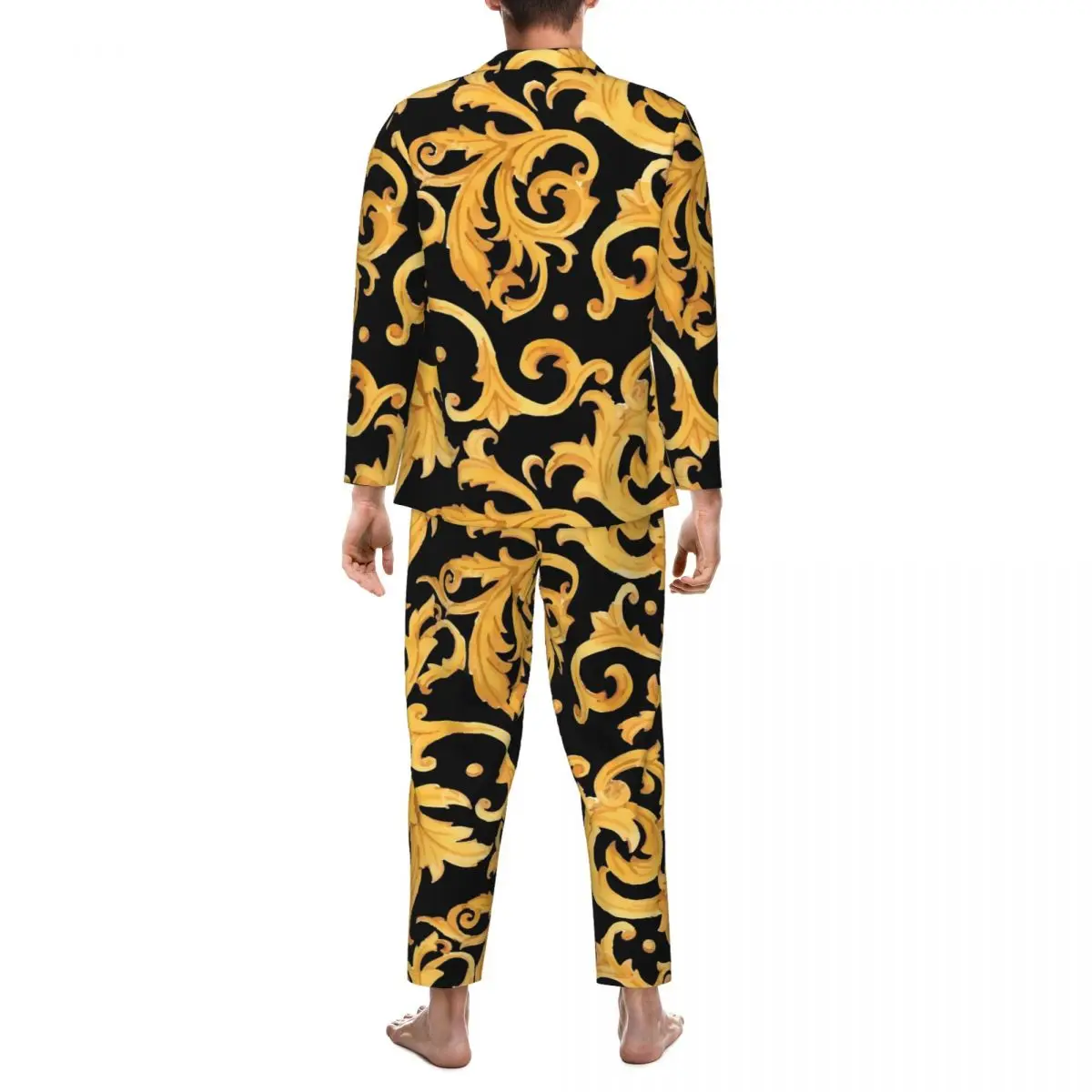 Baroque Print Pajama Sets Gold Floral Trendy Sleepwear Men Long Sleeves Casual Room 2 Piece Home Suit Large Size