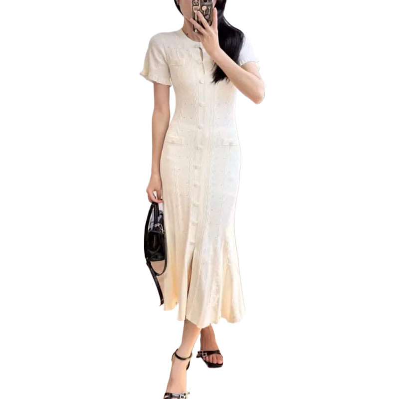 White Hollow Knitted Dress Women 2024 Summer Temperament Short Sleeve Elegant Slim Bodycon Party Dress