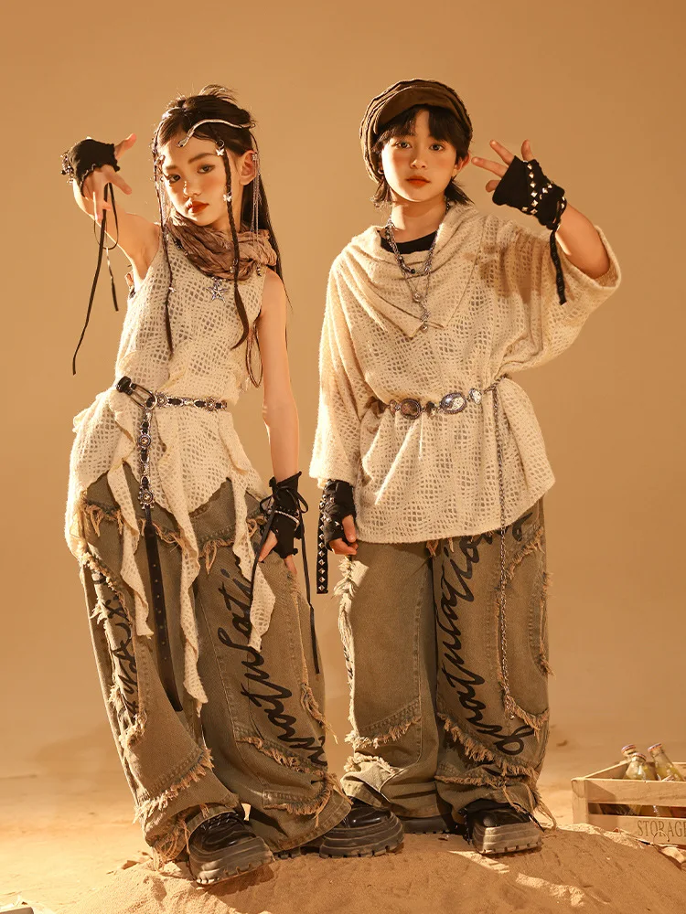 Kid Juvenile Hip Hop Jazz Gothic Stage Show Clothing Children Dystopia-core Ripped Top Denim Baggy Jeans Pants for Boy Girl