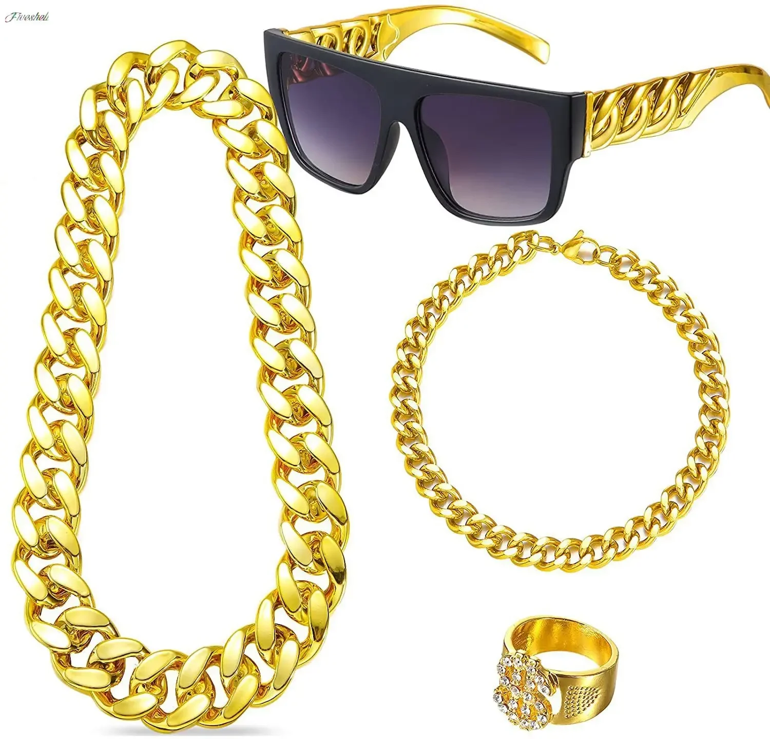Hip Hop Punk Style Fashion Accessories Set Dollar Sign Necklace Gold Chain Glasses Ring Bracelet 80s 90s Theme for Men