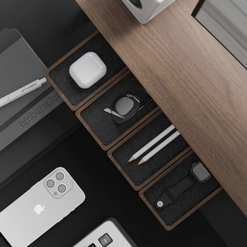 North American Black Walnut Tray Rectangular Desk Organizer Box Stackable Pen Holder Tray Modern Workspace Desktop Storage Box